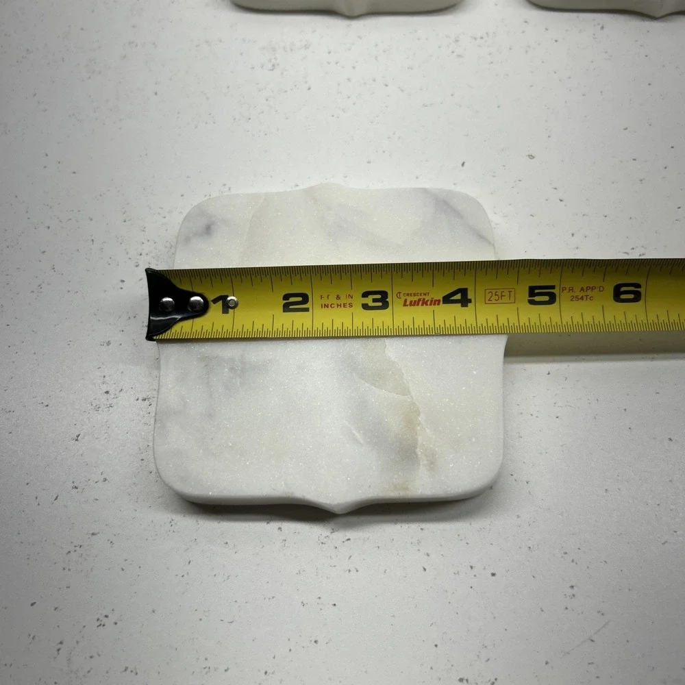 Vintage Set of 4 White Marble Coasters Scalloped Edges Square Drink Holder